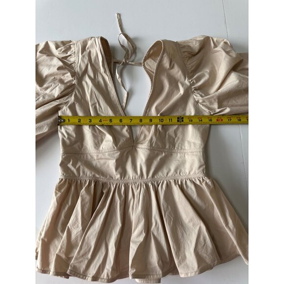 Staud Beige Peplum Blouse With Puff Sleeves & V-Neckline Size S - Picture 6 of 12